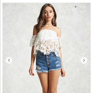 white crochet off the shoulder top